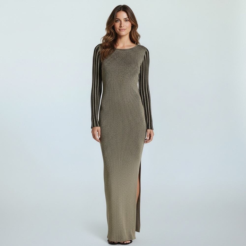 Romeo & Juliet Ribbed Bodycon Gold Maxi Dress Sz S